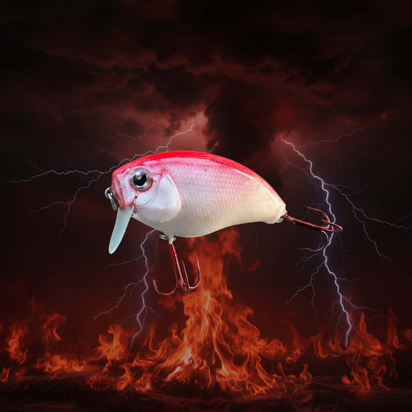 Fishing lure with lightning and flames in the background